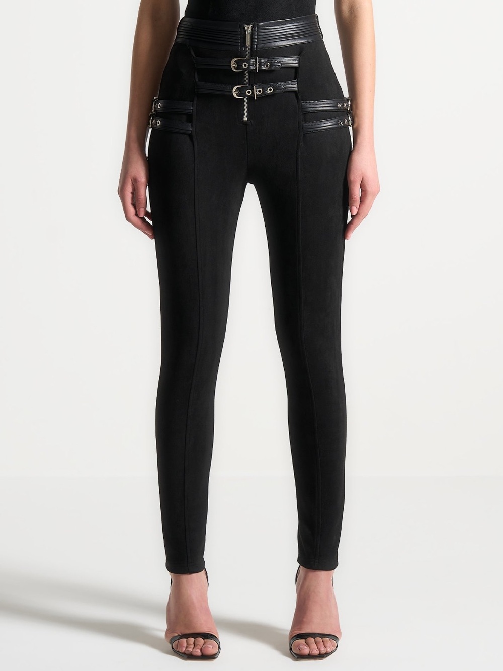 Black High-Waist Tailored Pants with Buckle Details - Picture 7 of 16